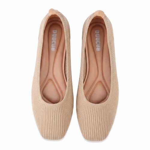 DUUCUB Women's Flats Shoes Women Comfortable Dress Shoes Squared Toe Flats Ballet Mesh Knit Flat Dressy Slip on Business Casual Shoes for Women Beige Size 5