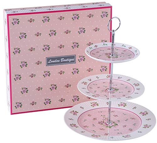 Alzata per torta a 3 piani in porcellana vintage motivo floreale victoria shabby chic in scatola regalo, Pink, 22x26