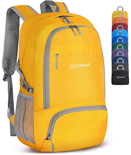ZOMAKE Leicht Faltbarer Rucksack Packbare Backpacks 30L,Kleiner Faltbar Wanderrucksack Wasserdicht für Damen Herren Outdoor Wandern(Gelber)