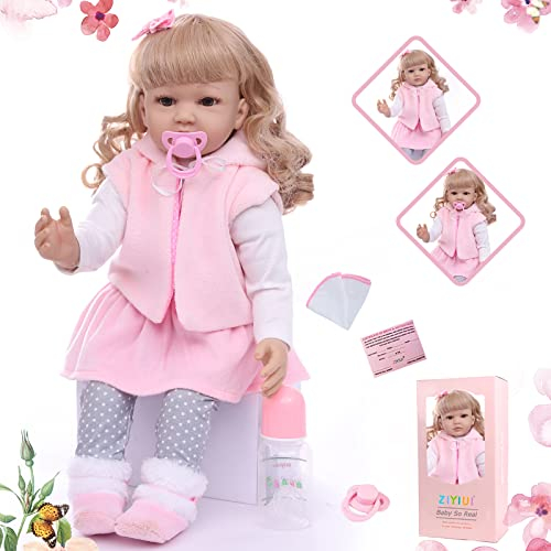 ZIYIUI Niedliche 60 cm große Reborn Baby Puppe Mädchen mit Gelocktem Haar Und Großen Augen, Weiches Silikon-Vinyl, Handgefertigt, Für Neugeborene, Kleinkinder, Baby-Spielzeug