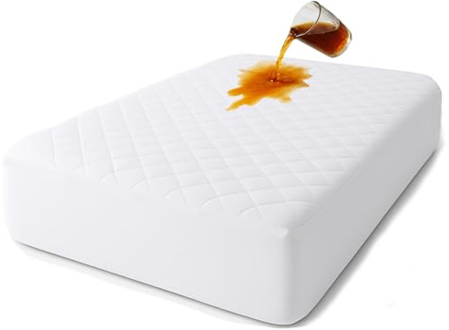 Protector de colchón de algodón, colchón Acolchado con Tratamiento antialérgico, Impermeable, antiácaros, Flexible y silencioso, Protector Transpirable (Blanco, 90 x 190/200 + (25-30))