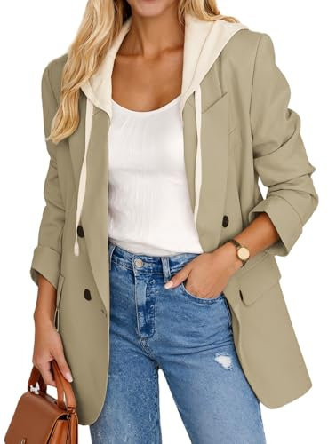 Mina Self Double Breasted Blazer Jackets for Womens Hoodies Long Jacket Blazers for Women Business Casual Fashion Dressy Hooed Tops Coat Spring Fall Outfits Clothes for Women 2026 Coffee
