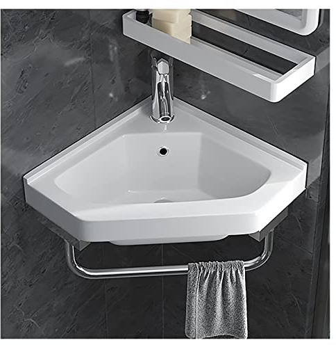 Lavabo in Ceramica ad Angolo Bianco, Lavabo a Parete Bagno con Rubinetto Combinato e Appendiabiti a Torre, Bianca con Troppopieno