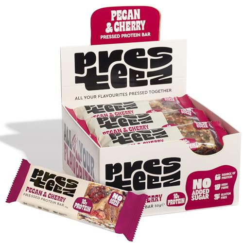 Presteez Pecan & Cherry Gut Friendly 50g Energy Bars - No Added Sugar or Sweeteners, Gluten Free, High Fibre, Protein Enhanced Healthy Snacks, 10g Protein, 7.5g Fibre, 12 Pack