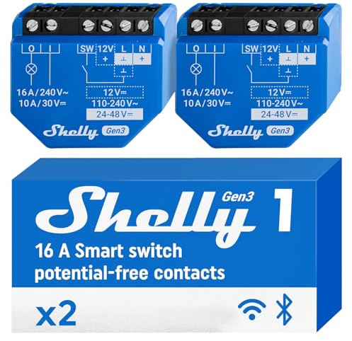 Shelly 1 Gen3 - WLAN & Matter Smart-Schalter-Relais mit Potentialfreie Kontakte, 1 Kanal 16A, Lichtschalter, Garagentoröffner, Smart Home, Zeitschaltuhr, Alexa, Google, Kein Hub Erforderlich (2 Stück)