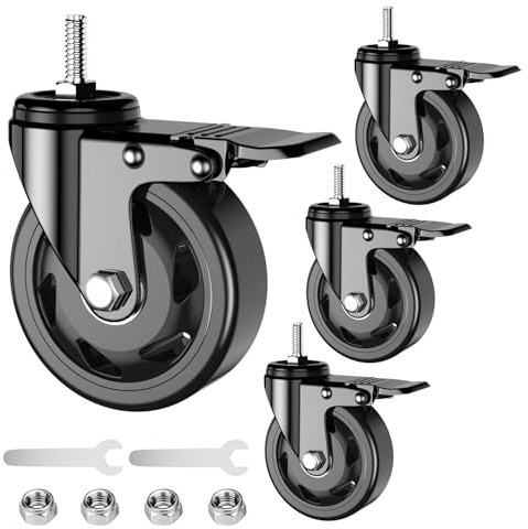 4 inch Stem Casters Wheels Heavy Duty 1600lbs - 3/8-16 x 1(Stem Diameter 3/8, Stem Length 1),Threaded Stem Casters Set of 4, Swivel Casters Black, Industrial Castor Wheels for Cart,Furniture