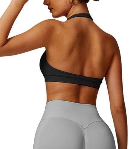JN JANPRINT Sujetadores deportivos de entrenamiento para mujer, cuello halter, brasier para correr, acolchado, espalda abierta, sin costuras, brasier para gimnasio, yoga, Negro, M