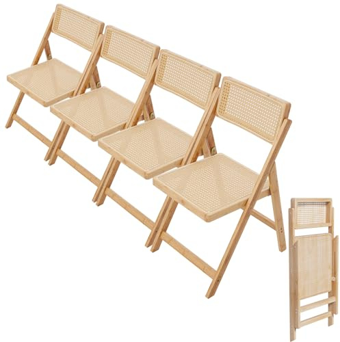 Warmiehomy Folding Dining Chairs Set of 4 with Rattan Backrest & Seat | Wooden Kitchen Dining Room Chairs for Home Office Living Room Camping Garden, Indoor & Outdoor Use, No Assembly Required