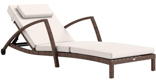 Outsunny Bain de Soleil, Chaise Longue en résine tressée avec Dossier réglable, roulettes, Coussin et accoudoirs, transat Jardin Exterieur terrasse, Marron et Beige
