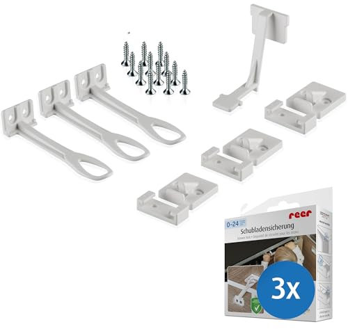 reer Schrank- und Schubladensicherung mit Montagehilfe | Einfache Einhand-Bedienung | Schraubmontage | integrierter Klemmschutz | 3 Stück | Farbe: weiß