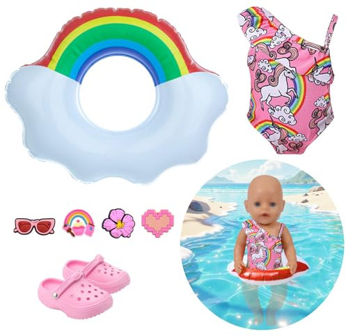 Toclsixz Schwimmset für 43cm New Born Baby Puppen, 7 stück Puppenzubehör mit Badeanzug, Schwimmring, Schuhen & 4 Schuhblumen, Puppenkleidung Badespaß-Zubehör