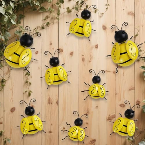 RETON Lot de 8 décorations de jardin en métal - Abeilles en plein air - Décoration murale 3D - Sculptures d'abeilles en fer pour clôture, maison, arrière-cour, pelouse