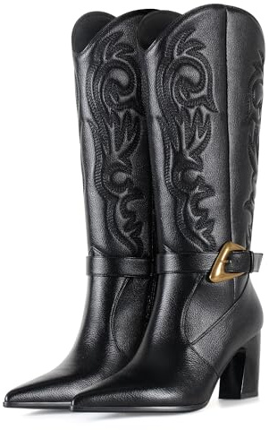 LACIKOSZ Western Cowboy Boots for Women - Knee High Calf Cowgirl Boots with Classic Embroidered with Gold Buckle, Slip On Pointed Toe Chunky Heel Fashion Retro Classic Faux Leather Pull On Tall Boot