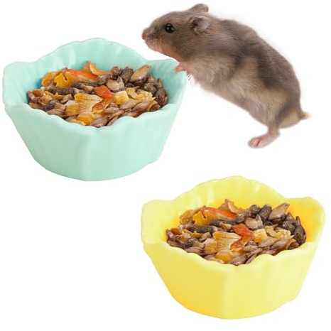 VanEnjoy 2 Pack Ceramic Guinea Pig Food Bowl Cute Flower Hamster Cage Accessories for Chinchilla Hedgehog Yellow and Green Small Animal Water Dish