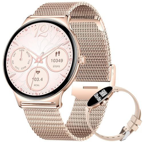 BENYAR SMART 2025 Smartwatch dam med telefonfunktion, 1,43 tum AMOLED-skärm Smart Watch, IP68 vattentät 120+ sportlägen, fitnessklocka, SPO2/puls/sömnmonitor för Andriod iOS guld