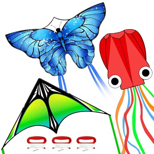 3 Pack Kite Set for Kids & Adults, Easy to Fly Kites for Beginners, Large Butterfly Delta Octopus Kite for Beach&Park&Outdoor Activities, Perfect for Family Outing(Green&Blue&Red)