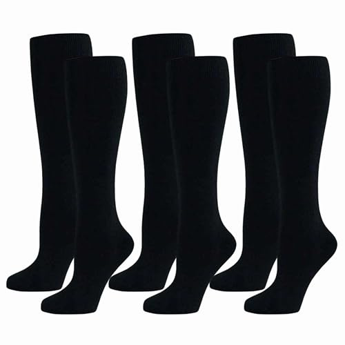 ShopMCR 3 Pairs Elegant Women’s & Girls Cotton Blend Knee High Socks – Plain Long Socks for School, Uniform, Party & Every day Wear – Smooth Grip, Breathable, UK Sizes 6-9 (3pk, Black)