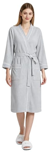 Pahajim Dressing Gown Womens Cotton Waffle Lightweight Long Bathrobes 3/4 Sleeve Causal Ladies Loungewear