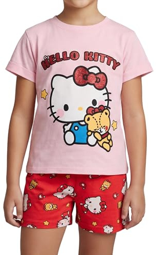 Hello Kitty Set Pigiama da Ragazze, Composto da Maglietta a Maniche Corte e Pantaloncini in Cotone, Taglie 3 a 8 Anni (IT, età, 4 Anni, Regular, Rosso)