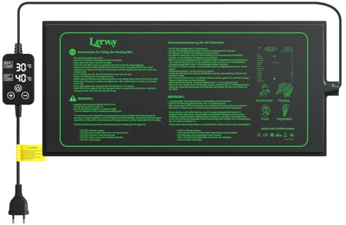 LERWAY Esterilla calefactora para plantas con termostato, impermeable IP67, 30 W, control digital de temperatura 0 – 50 °C, lámina de calentamiento uniforme, 25 × 52 cm, ideal para invernadero