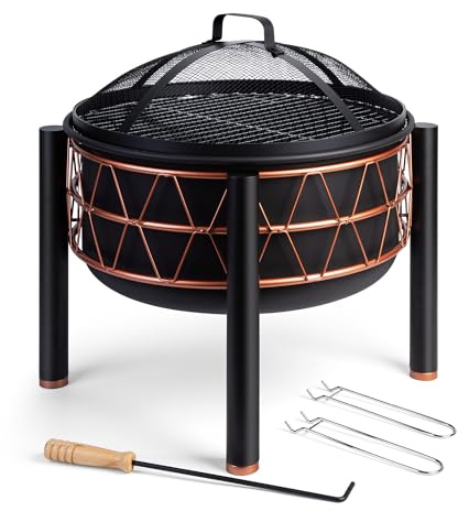 VonHaus Braciere – 2-in-1 con Griglia BBQ per esterni, giardino e patio, in acciaio nero con dettaglio rame, con attizzatoio e coperchio in rete inclusi, legna o carbone