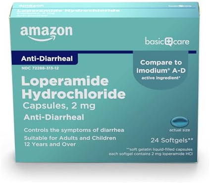 Amazon Basic Care Loperamide Hcl 2 Mg Softgels, Anti-Diarrheal, Easy to Swallow, Controls Symptoms of Traveler's Diarrhea, 24 Count