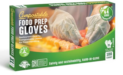 UNNI Compostable Food Prep Gloves, For Food Handling, ASTM D6400, US BPI, CMA & Europe OK Compost Certified (100 Count, Medium)