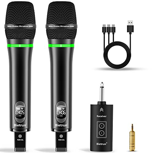 Bietrun Micrófono inalámbrico recargable, micrófonos inalámbricos dinámicos de mano de metal dual con salida de 1/4 pulgadas para karaoke, reuniones, cantos, iglesia, boda (rango UHF de 240 pies)