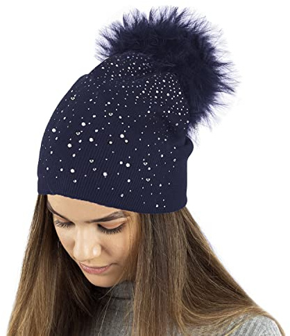 TOSKATOK® Ladies Fine Knit Winter Beanie hat with Diamante Glitter Applique and Large Faux Fur Pompom-Navy