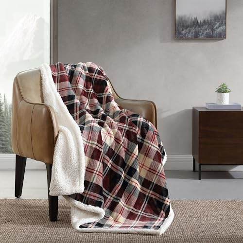 Eddie Bauer Ropa de Cama Reversible de Forro Polar Sherpa, decoración del hogar para Todas Las Estaciones, poliéster, diseño a Cuadros Rojos, Manta