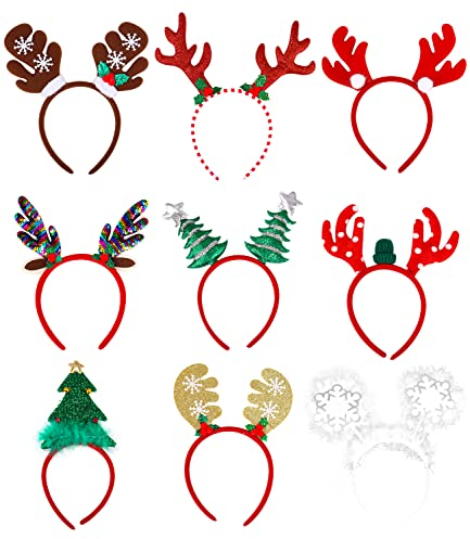 PERMUST 9 Stück Weihnachten Stirnband, Weihnachtsbaum Weihnachtsmütze Weihnachtsdekoration Rentiergeweih Kinder Erwachsene Weihnachten Kopfschmuck
