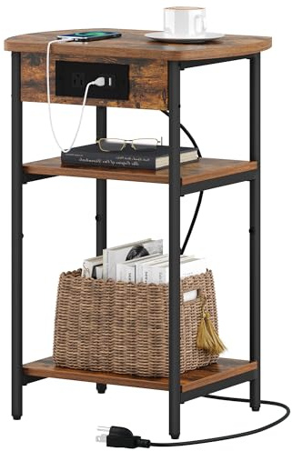 Hzuaneri End Table with Charging Station, 3 Tier Storage Bed Side Table with USB Port & Outlet, Nightstand for Living Room, Bedroom, Narrow Side Table, Rustic Brown and Black ET05201B