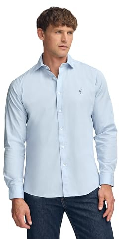 Polo Club Chemise Popelin à Manches Longues Bleu 100% Coton pour Hommes - Slim Fit