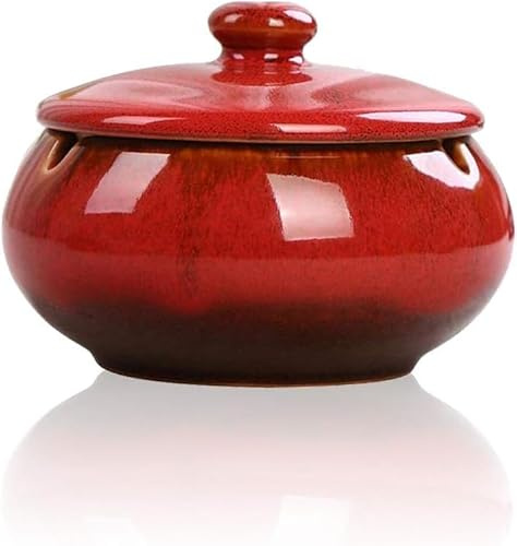 Cendrier en céramique avec couvercle - Coupe-vent et anti-odeurs - Design émaillé élégant pour l'intérieur et l'extérieur - Résistant à la chaleur - 9 x 11,5 cm - Rouge - JR23076