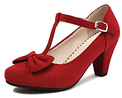 elerhythm Mary Jane Vintage T-Strap Tacchi con fiocco Gatsby anni '50 Pumps Closed Toe anni '20 Victorian Sweet Ankle Eleganti e comode scarpe da Dressy, Colore: rosso, 38 EU