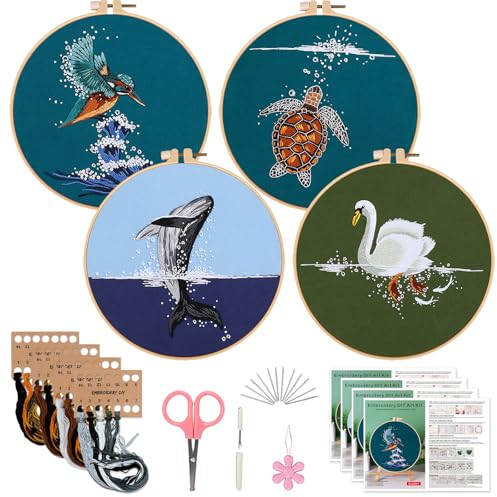 SEBOVIM 4 Sets Stickset für Anfänger Tiere Muster Embroidery Kit Sticken set Erwachsene Kreuzstich mit Werkzeuge und Anleitung,Nadelspitzen-Set für Erwachsene DIY Kunst Handwerk