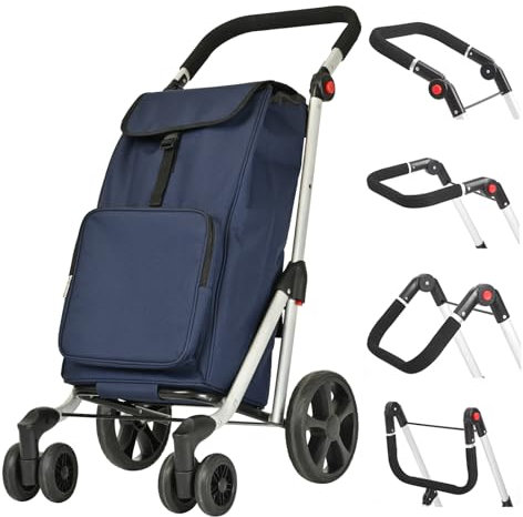 LEUYA ABC Carros de Compra, 45L Carrito Plegable para Supermercado de 6 Ruedas, con Bolsillo para Congelados, Manillar Regulable, Carro de la Compra de Aluminio (Azul)