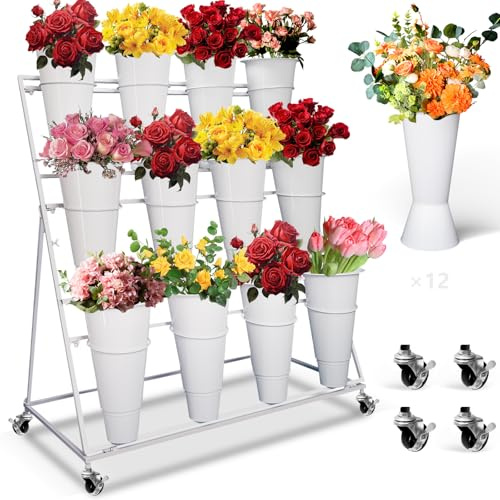 CATWEST.art Présentoir de fleurs avec 12 seaux, chariot de fleurs à 3 couches avec roulettes, étagère mobile robuste blanche pour bouquet de fleuriste pour terrasse, jardin, magasin de fleurs, avec
