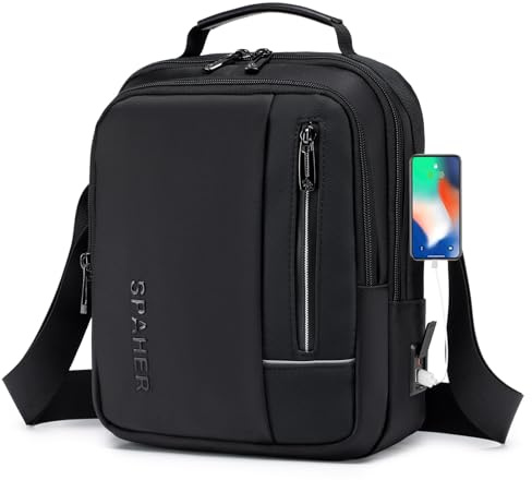 SPAHER Bandoleras Hombre Pequeño Bolso Hombre Bandolera con Puerto de Carga USB Bolsos Multibolsillos Negro Bolsa Hombre Impermeable con Correa de Hombro Ajustable