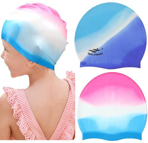 Swimming Caps for Kids, 2 Pcs Elastic Silicone Swimming Hat Waterproof Swim Cap for Long Short Hair Girls Boys Kids Teens Children