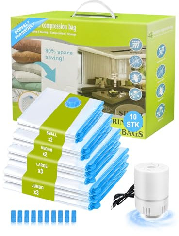 Natnav 10 Sacchetti Sottovuoto Per Vestiti Con Pompa Ad Aria Elettrica – 3 Jumbo, 3 Grandi, 2 Medie, 2 Piccoli, Con Chiusura Lampo, Trasparenti Per Viaggi, Trasloco, Vestiti E Copriletti