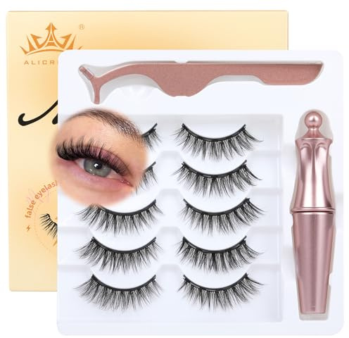 Magnetic Eyelashes with Eyeliner Natural Look Magnetic Lashes with Applicator No Glue Needed Cat Eye Lash Wispy Magnet Lash 5 Pairs with Magnet Eyeliner
