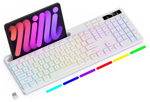 Soueto Wireless Keyboard with RGB Backlit, Phone Holder for Mac/PC, White