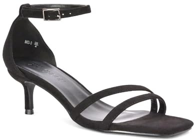 ESSEX GLAM Women's Kitten Low Heel Sandals Ladies Black Faux Suede Strappy Ankle Strap Square Toe Barely There Two Part Shoes Size 6
