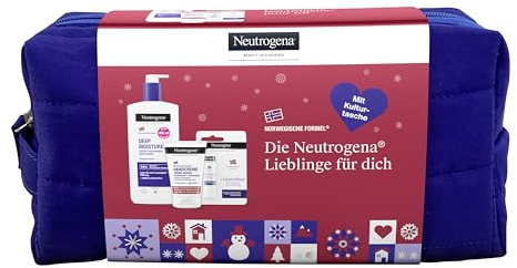 Neutrogena Hautpflege Geschenkset mit Kosmetiktasche: Handcreme, Lippenpflege & Bodylotion – Pflegeset mit Glycerin & Vitamin E für trockene Haut – ideale Geschenkidee