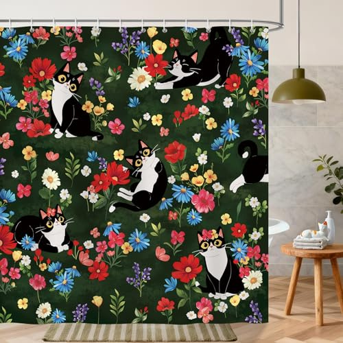 Bonhause Duschdraperi Katt Blomma Blad Blommor Trädgård Duschdraperi Polyester Vattentät Mögel Tvättbara Badrumsgardiner 180 x 180 cm med 12 Krokar