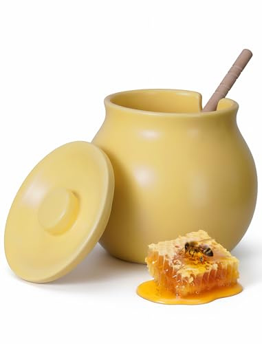 NiHome Ceramic Honey Jar with Dipper - 13.5 oz Dishwasher-Safe & Heat-Resistant Honey Container, Multi-Purpose Pot for Syrup, Agave, Melted Chocolate & More