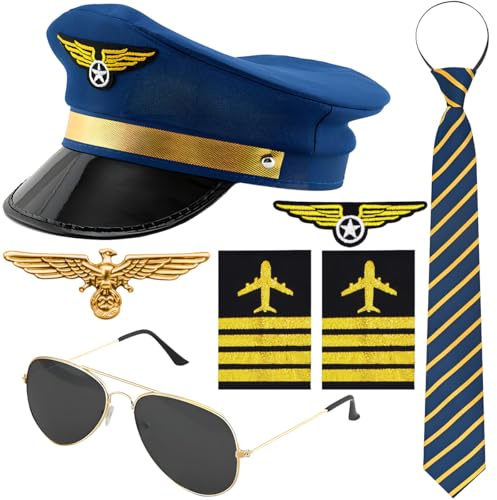 EduPlayte Accesorios de Sombrero de Piloto,7 Piezas Disfraz de Héroe de Piloto, Set de disfraz Profesión Trabajo Gafas de sol Gorra Escolar Insignia Accesorio Carnaval Halloween Fiesta