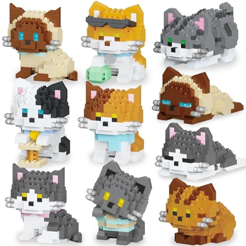 Orablooiva 10 Paquets Mini Blocs de Construction Chat, 10 Styles Petits Chats Mignons Set de Blocs, Figurines de Chat Miniatures Jouets pour Femmes Adultes, Cadeaux de Fê