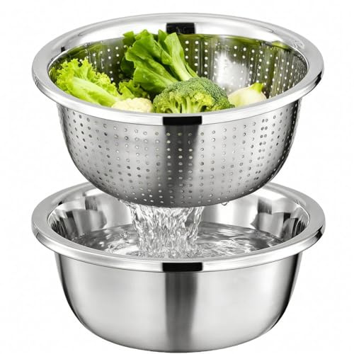 Umllpet Edelstahl Seiher und Schüssel Set, Ø 22CM Stapelbares Edelstahl Schüsselset, Nudelsieb aus Edel-stahl, Metallsieb und Schalen für Küchennahrung zum Waschen von Obst, Gemüse, Spülmaschinenfest